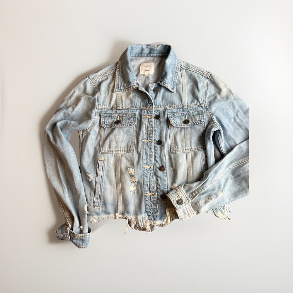 Hidden Jacket Womens Medium Blue Distressed Denim Cropped Raw Hem Light Wash